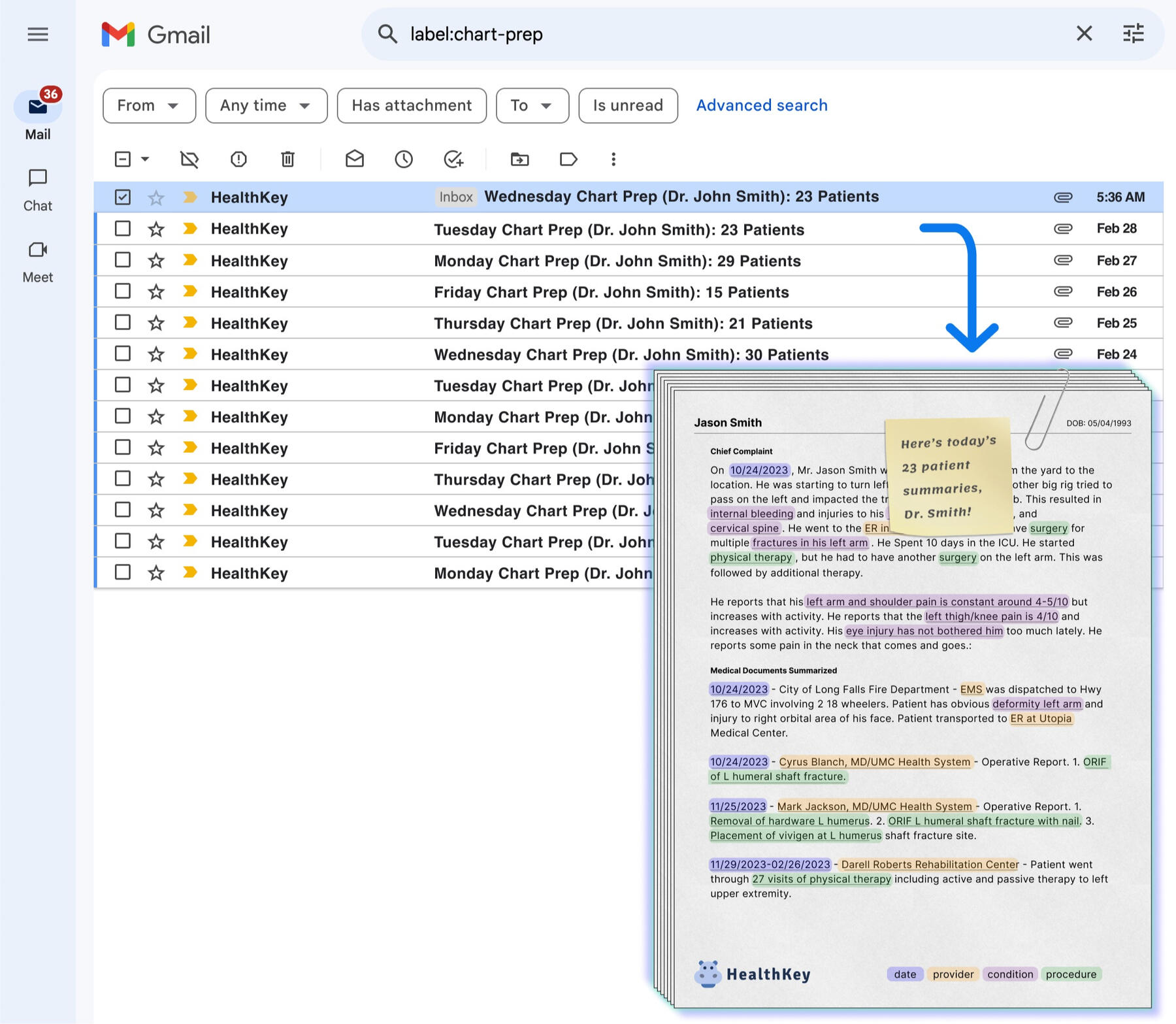 Gmail inbox interface showing a series of emails from HealthKey with daily chart preparations for Dr. John Smith, highlighting the efficiency of HealthKey's AI-powered medical record summaries that support healthcare professionals in managing patient data.